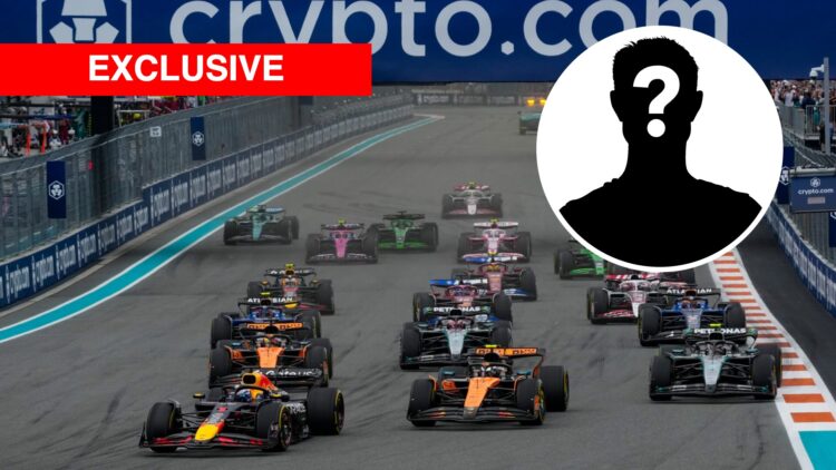 Miami Grand Prix race start with Max Verstappen leading, inset, a mystery figure