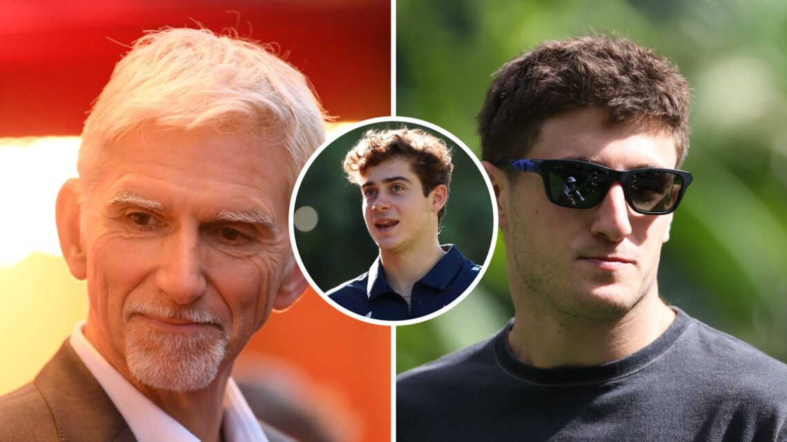 Damon Hill (left) attending a film premiere, Jack Doohan (right) at the Miami Grand Prix, inset, Franco Colapinto, at the Australian Grand Prix