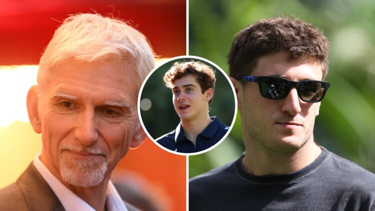 Damon Hill (left) attending a film premiere, Jack Doohan (right) at the Miami Grand Prix, inset, Franco Colapinto, at the Australian Grand Prix