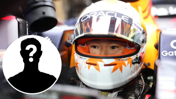 Red Bull driver Yuki Tsunoda in the garage before qualifying for the 2025 F1 Saudi Arabian Grand Prix with a mystery person inset
