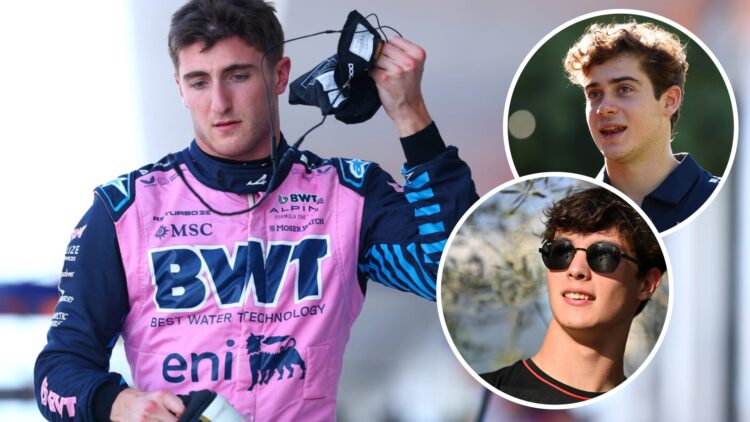 Alpine driver Jack Doohan reacts after qualifying for the 2025 F1 Miami Grand Prix with insets of Franco Colapinto and Oliver Bearman
