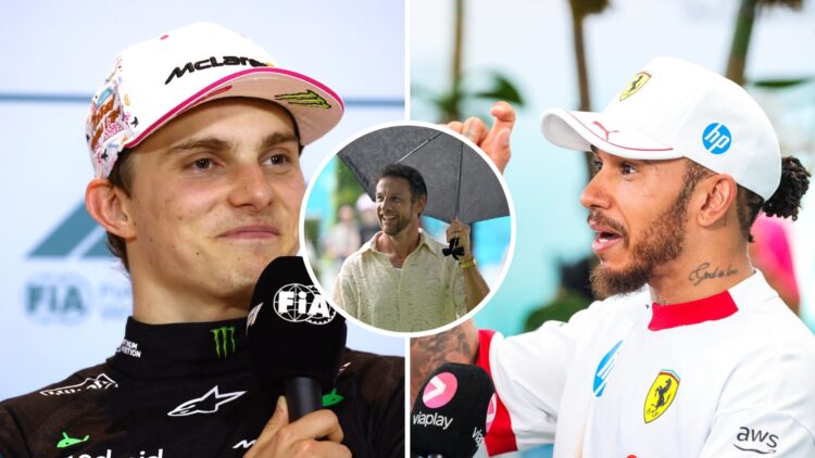 Oscar Piastri (left) being interviewed at the Miami Grand Prix, Lewis Hamilton (right) talking to the media at the Miami Grand Prix, inset, Jenson ...
