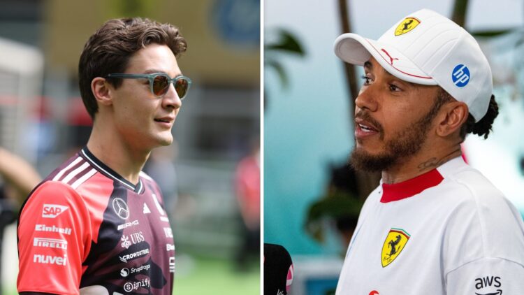 Split image of Mercedes driver George Russell walking in the Miami Grand Prix paddock and Ferrari driver Lewis Hamilton in an interview