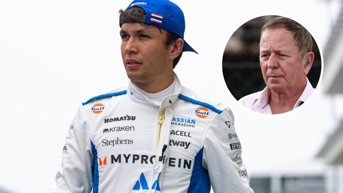 Alex Albon at the 2025 Miami Grand Prix with an inset of Martin Brundle