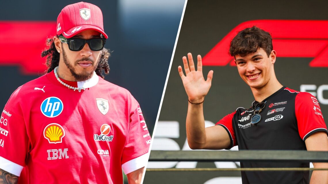 Split image of Ferrari driver Lewis Hamilton walking in the F1 paddock and Haas driver Oliver Bearman waving