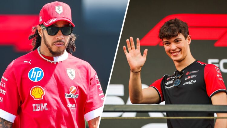 Split image of Ferrari driver Lewis Hamilton walking in the F1 paddock and Haas driver Oliver Bearman waving