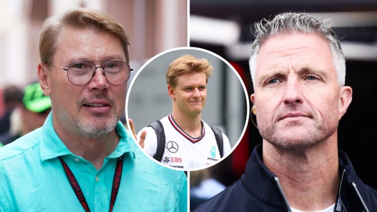 Split image of Mika Hakkien (L) nnd Ralf Schumacher (R), inset Mick Schumacher
