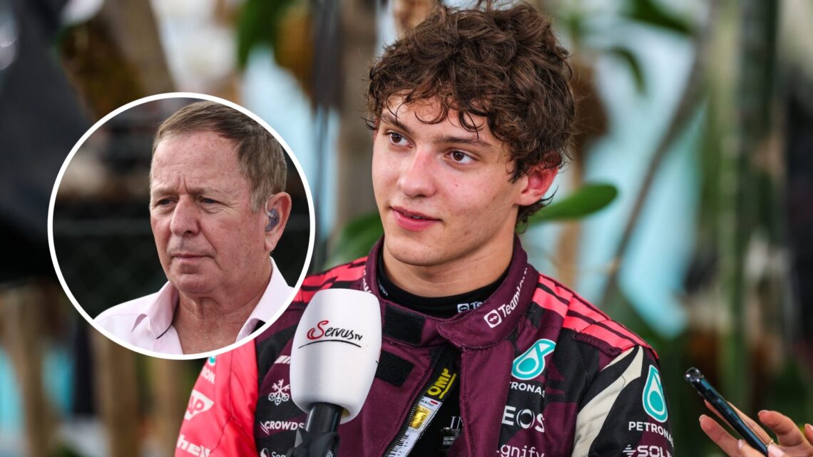 Andrea Kimi Antonelli answers questions from the media at the Miami GP. Inset: Martin Brundle doing punditry for Sky Sports F1.