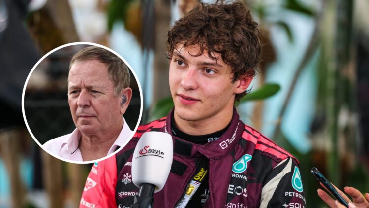 Andrea Kimi Antonelli answers questions from the media at the Miami GP. Inset: Martin Brundle doing punditry for Sky Sports F1.