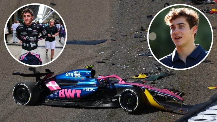 Alpine driver Jack Doohan crashes in FP2 for the 2025 F1 Japanese Grand Prix at Suzuka with an inset of Franco Colapinto