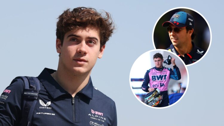 Alpine F1 driver Franco Colapinto arrives in the paddock with insets of Jack Doohan and Sergio Perez whilst still a Red Bull driver