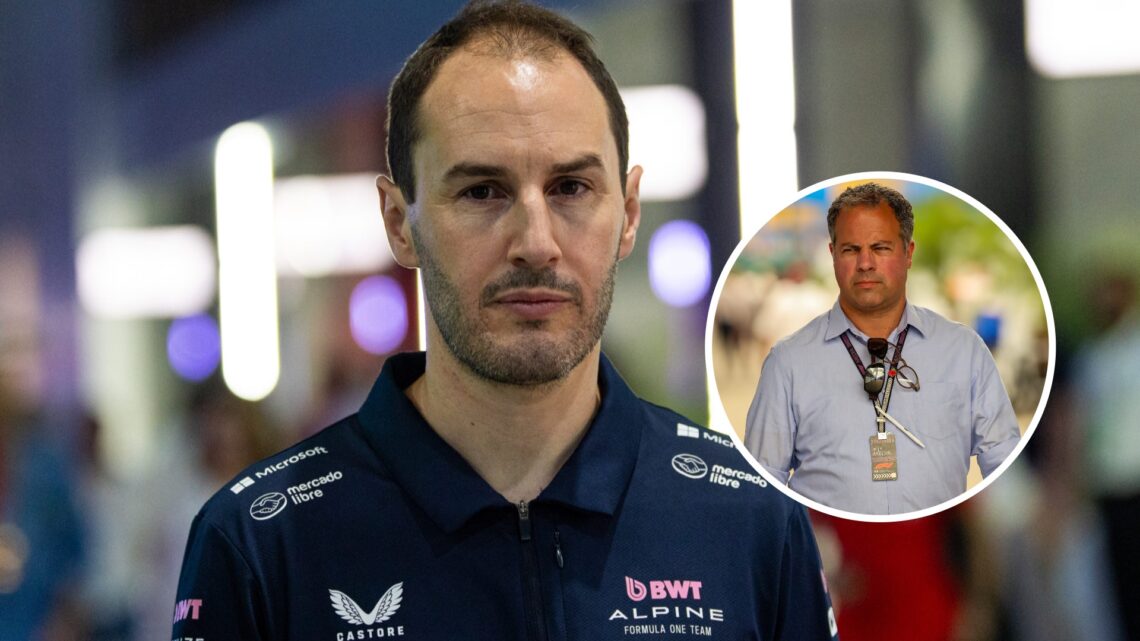 Image of former Alpine team principal Oliver Oakes walking in the F1 paddock with an inset of Ted Kravitz