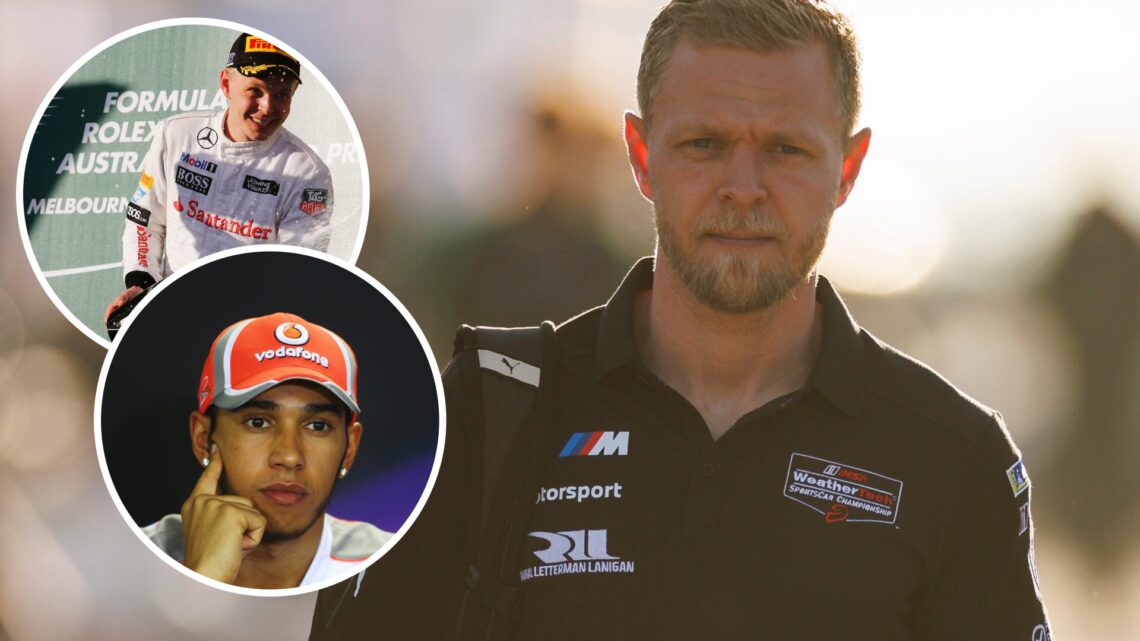 BMW driver Kevin Magnussen in the IMSA with an inset of his F1 debut podium for McLaren in the 2014 Australian GP and Lewis Hamilton