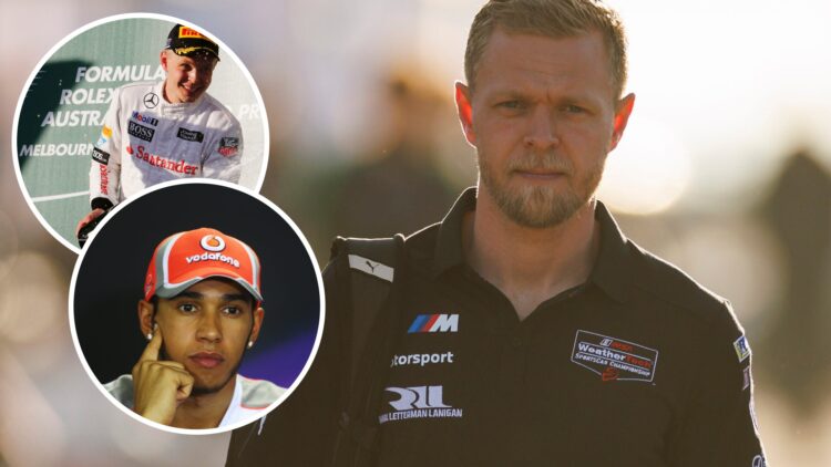 BMW driver Kevin Magnussen in the IMSA with an inset of his F1 debut podium for McLaren in the 2014 Australian GP and Lewis Hamilton