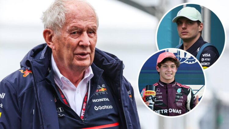 Red Bull motorsport advisor Helmut Marko in the Suzuka paddock with insets of Max Verstappen and Mercedes driver Andra Kimi Antonelli in Miami