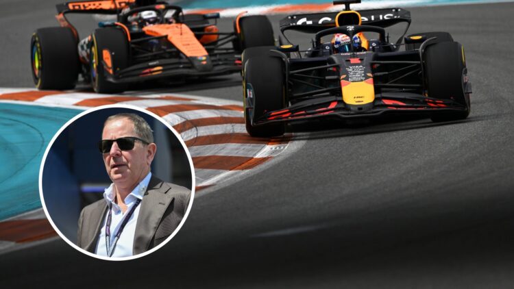 Max Verstappen battles at the Max Verstappen at the Miami Grand Prix