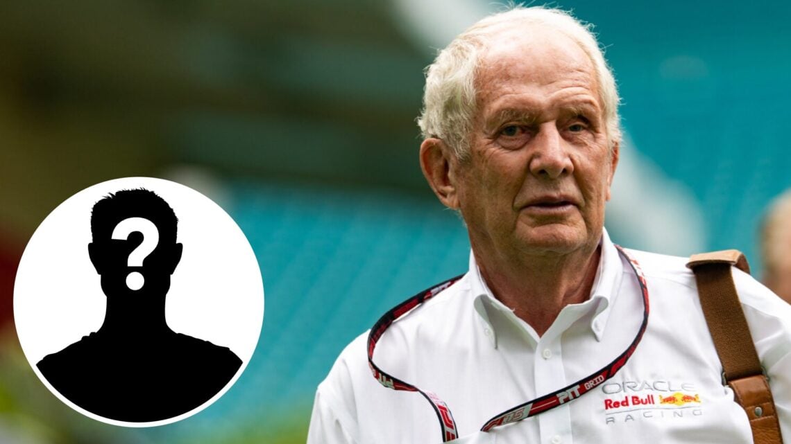 Red Bull motorsport adviser Helmut Marko in the 2025 F1 Miami Grand Prix paddock with a mystery person inset