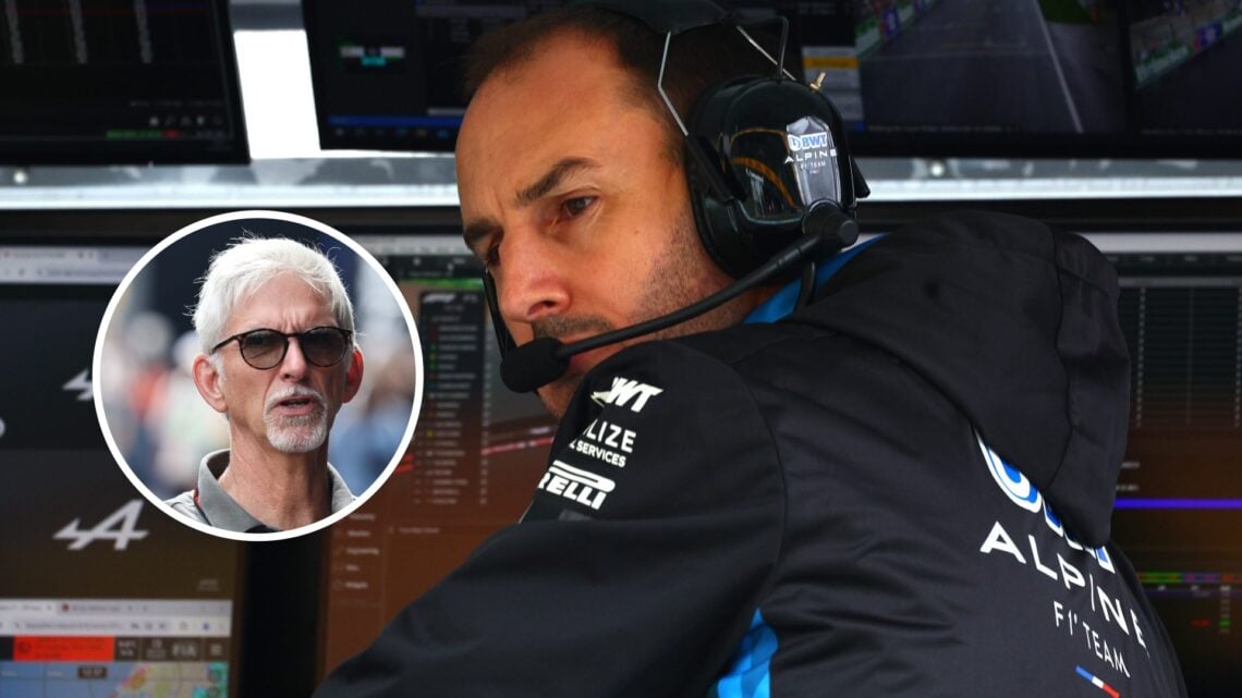 Image of former Alpine team principal Oliver Oakes on the pit wall with an inset of Damon Hill