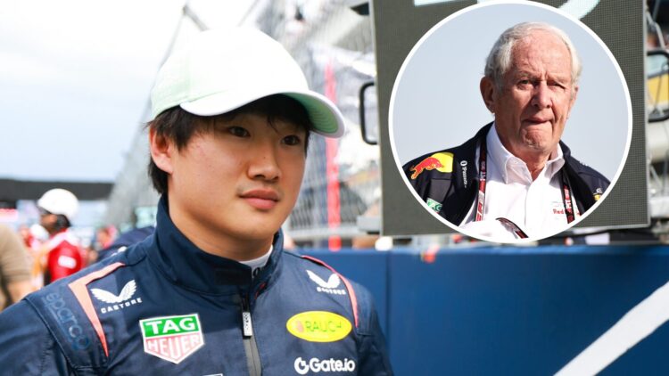 Red Bull driver Yuki Tsunoda before the 2025 F1 Miami Grand Prix with an inset of Helmut Marko