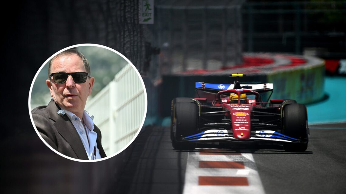 Image of Lewis Hamilton driving Ferrari's F1 car at the Miami Grand Prix with an inset of Martin Brundle
