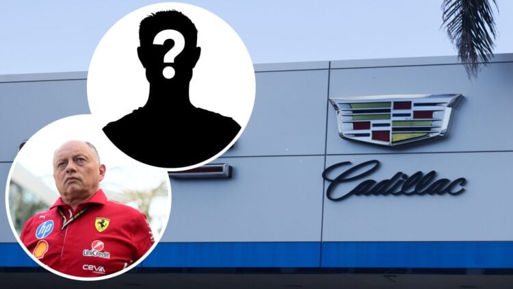 The Cadillac brand logo, insets of Ferrari team principal Frederic Vasseur and Mystery