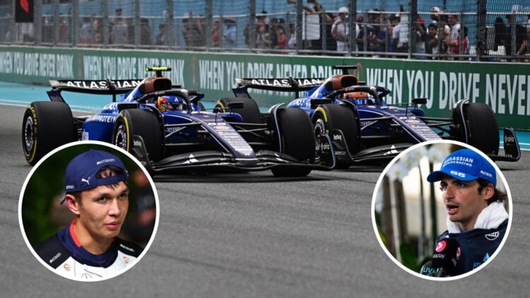 Carlos Sainz battles with Alex Albon at the 2025 Miami Grand Prix