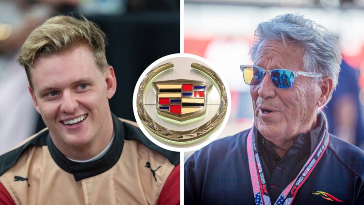 Split image of Mick Schumacher (L) and 1979 F1 champion Mario Andretti, inset Cadillac logo