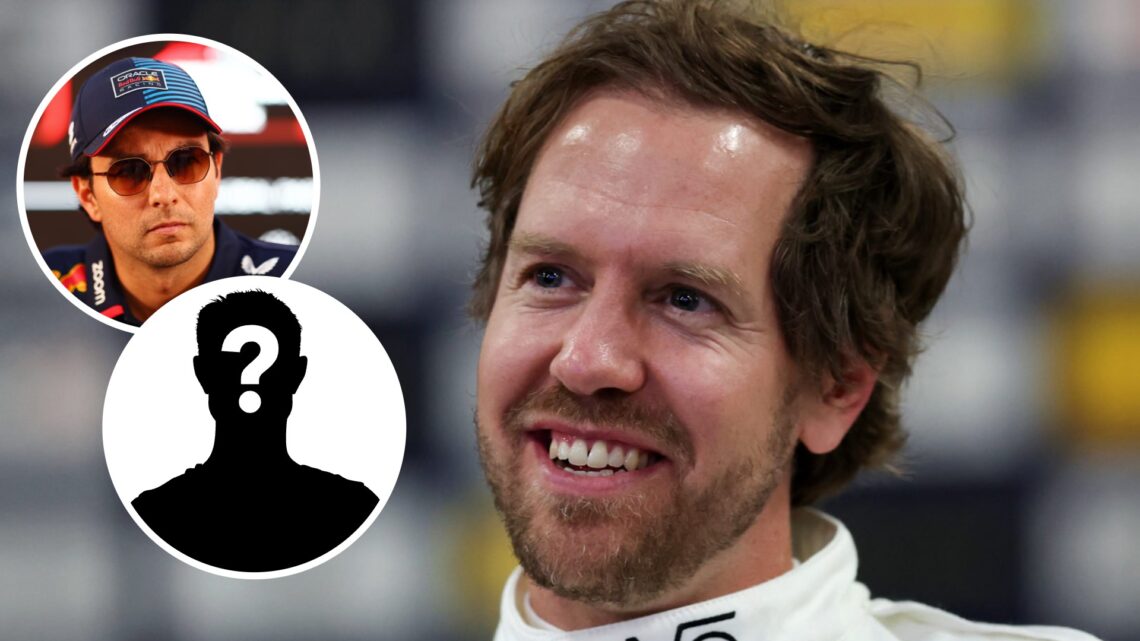 Sebastian Vettel at the 2025 Race of Champions in Sydney with an inset of Sergio Perez