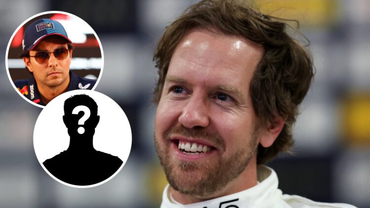 Sebastian Vettel at the 2025 Race of Champions in Sydney with an inset of Sergio Perez