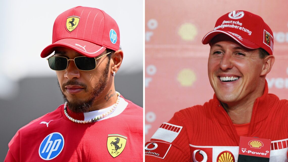 Split image of Ferrari driver Lewis Hamilton walking in the F1 paddock and Michael Schumacher in a press conference