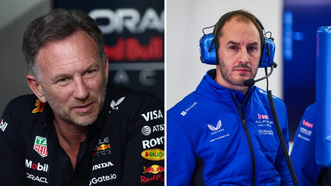Red Bull team principal Christian Horner speaks to the press and Oliver Oakes reacts in the Alpine garage