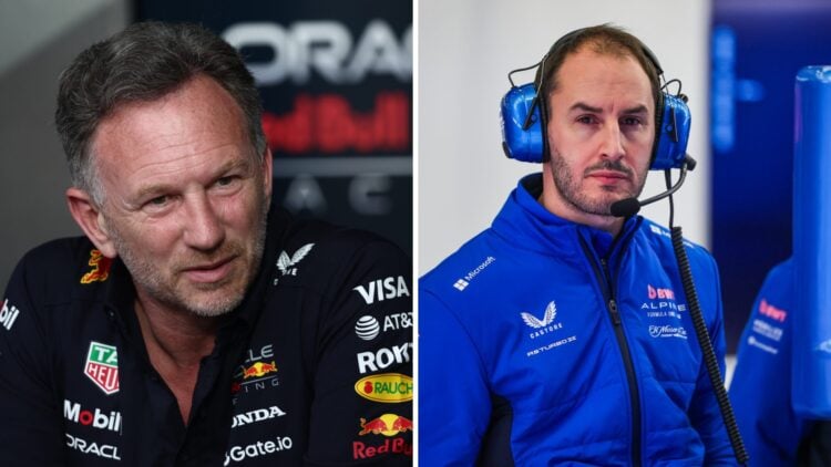 Red Bull team principal Christian Horner speaks to the press and Oliver Oakes reacts in the Alpine garage