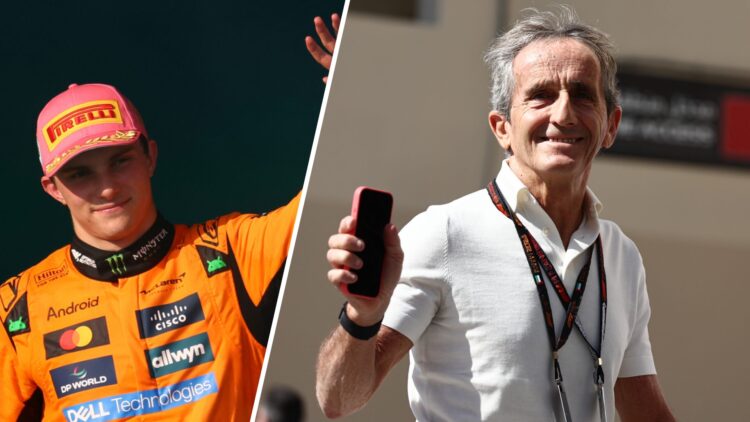 Oscar Piastri (left) waving to fans from the Miami Grand Prix podium, Alain Prost (right) in the Abu Dhabi Grand Prix paddock
