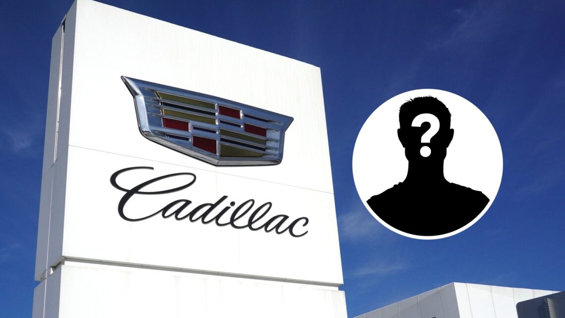 Image of the Cadillac logo outside a company facility with an inset of a mystery F1 driver