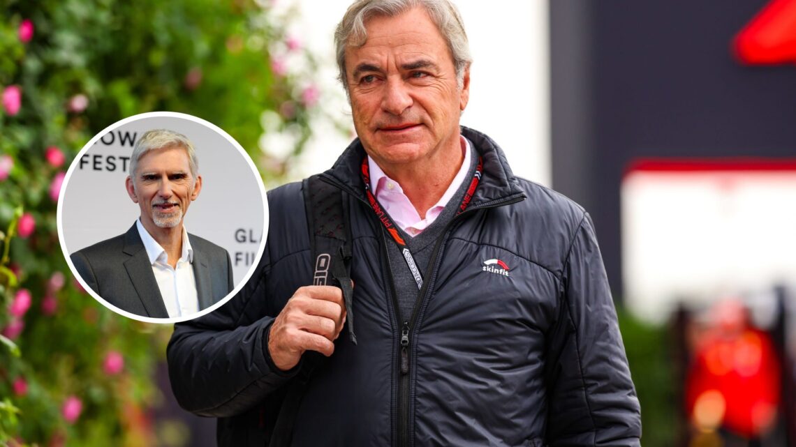 Image of Carlos Sainz Sr walking in the F1 paddock with an inset of Damon Hill