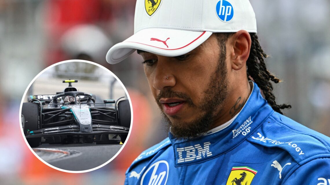 Image of Ferrari driver Lewis Hamilton looking on at the Miami Grand Prix with an inset of Kimi Antonelli driving the Mercedes
