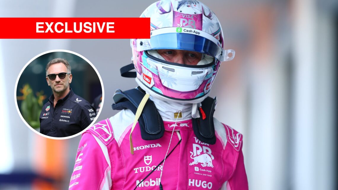 Liam Lawson (centre) in his Racing Bulls race suit at the Miami Grand Prix, inset, Christian Horner wearing sunglasses