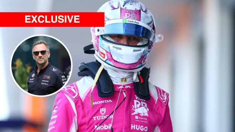 Liam Lawson (centre) in his Racing Bulls race suit at the Miami Grand Prix, inset, Christian Horner wearing sunglasses