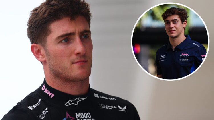 Alpine driver Jack Doohan reacts after qualifying for the 2025 F1 Miami Grand Prix with an inset of Franco Colapinto