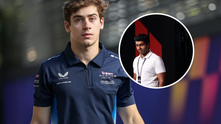 Franco Colapinto (left) wearing Alpine team clothing, inset, Karun Chandhok standing in front of an F1 logo