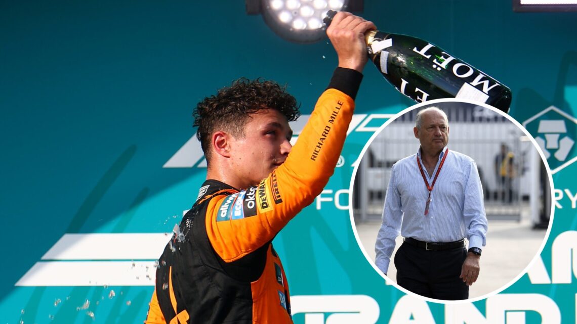 Split image of McLaren driver Lando Norris celebrating on the F1 podium with an inset of Ron Dennis