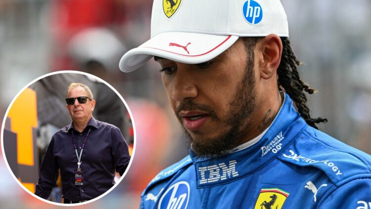 Lewis Hamilton at the 2025 Miami Grand Prix, inset of Martin Brundle at the 2024 Hungarian Grand Prix