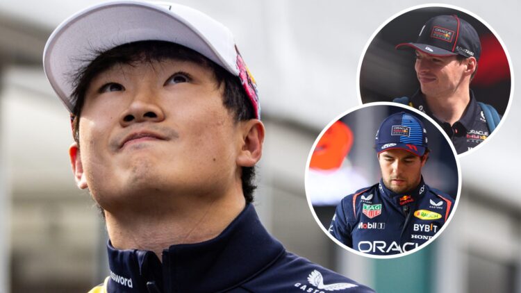 Red Bull driver Yuki Tsunoda in the Suzuka paddock with insets of Max Verstappen and Sergio Perez