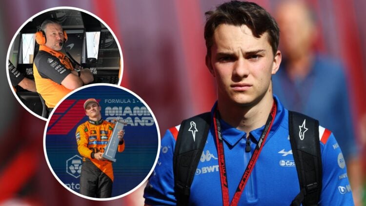 Alpine academy product Oscar Piastri arrives in the F1 paddock with insets of McLaren CEO Zak Brown and Piastri winning the 2025 Miami Grand Prix