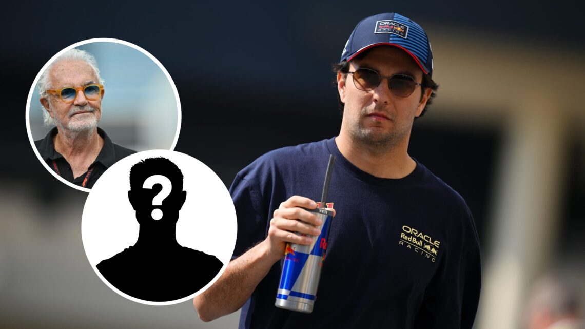 Image of former Red Bull driver Sergio Perez walking in the F1 paddock with insets of Alpine boss Flavio Briatore and a mystery driver