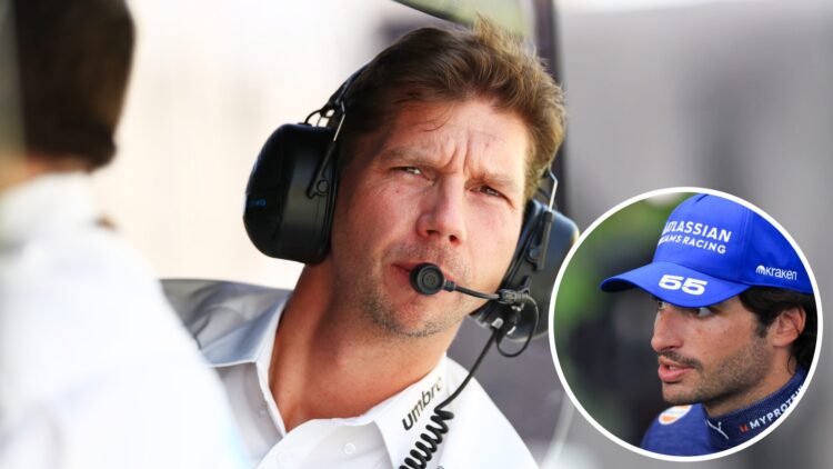 Williams team principal James Vowles on the pit wall, inset Carlos Sainz