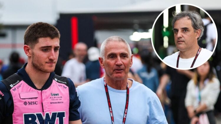 Alpine driver Jack Doohan walks through the paddock with his father Mick Doohan, with an inset of Juan Pablo Montoya