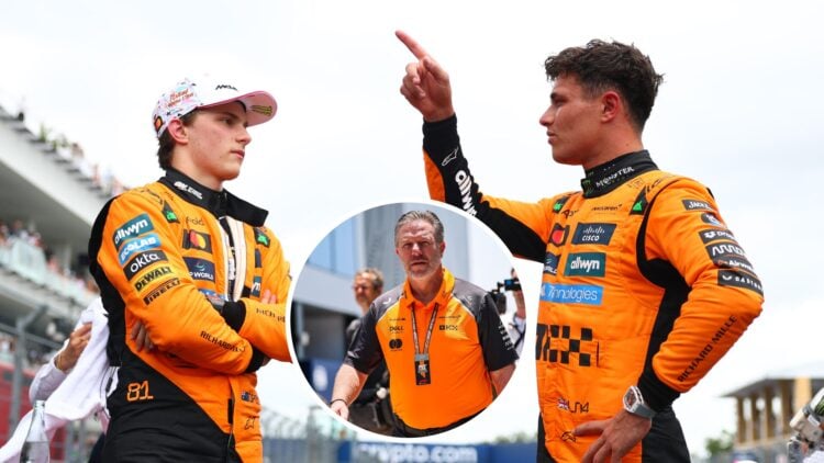 McLaren drivers Oscar Piastri and Lando Norris speak after the 2025 F1 Sprint at the Miami Grand Prix with an inset of Zak Brown