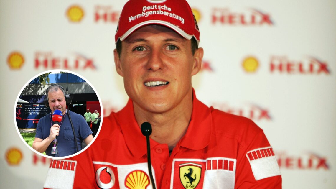 Image of Ferrari Formula 1 legend Michael Schumacher in an interview with an inset of Ted Kravitz