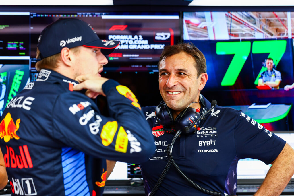 Red Bull Racing driver Max Verstappen talking to chief technical director Pierre Wache at the Miami Grand Prix